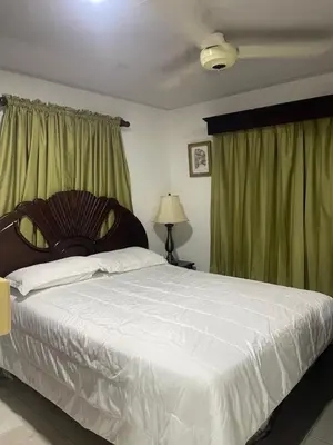 a bedroom with a large white bed with green curtains at Nancy house in Monción