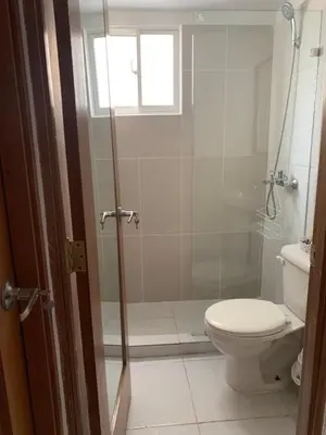 a bathroom with a toilet and a glass shower at Juan Bosch apartament in Santo Domingo