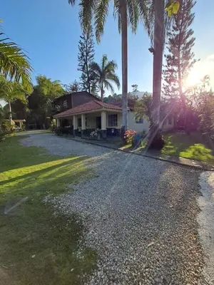a house with palm trees on a gravel driveway at Villa la casita in Villa Altagracia