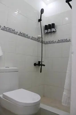 a white bathroom with a toilet and a shower at Cozy Apt with Puerto Plata view in San Felipe de Puerto Plata