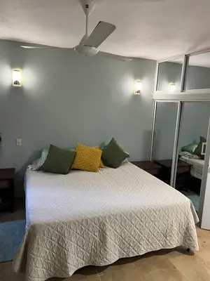 a bedroom with a bed and a ceiling fan at Garden House in Las Galeras