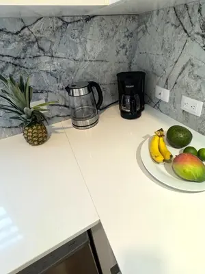 a counter top with a plate of fruit on it at Perla Marina Beach Condo- Walk to Yoga, Spa & Food in Sosúa
