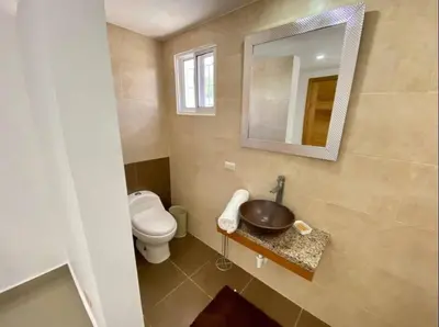 a bathroom with a toilet and a sink and a mirror at pavilus in Punta Cana