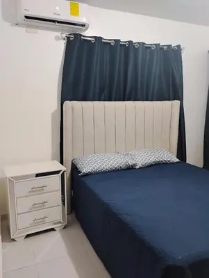 a bedroom with a bed and a blue curtain at Amalia Lucero in Mendoza