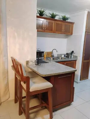a kitchen with a sink and a counter with chairs at Amalia Lucero in Mendoza