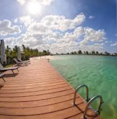a wooden boardwalk leading to a beach with chairs at Apartamento en Vista Cana in Batey San Germán