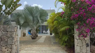 a garden with palm trees and flowers in front of a building at Acogedora Casa privada in Bayahibe