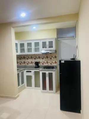 a kitchen with white cabinets and a black refrigerator at Apartamento Familiar 7 in Colorado