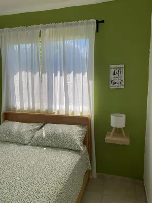 a bedroom with a bed with a white curtain and a window at Kassuky Home in Cabarete