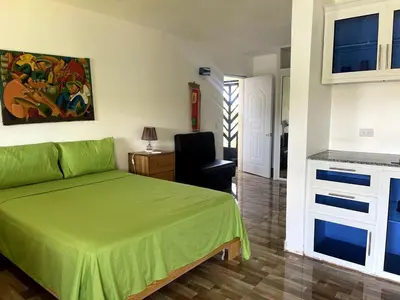 a bedroom with a green bed and a chair at Apartamento Dani's Guest House con piscina in Las Galeras