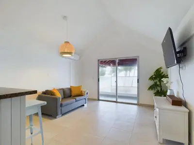 a living room with a couch and a tv at The Ocean Front Palomar in Punta Cana