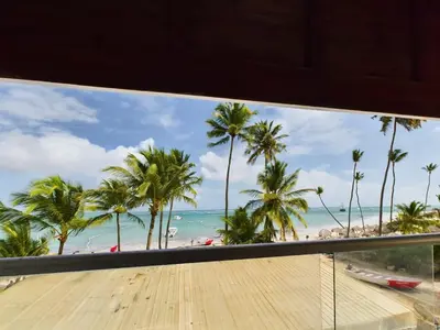 a view of a beach with palm trees and the ocean at The Ocean Front Palomar in Punta Cana