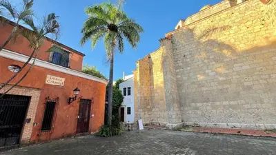 a building with a palm tree next to a wall at Luxury Two-Level Townhouse with Stunning Historic Views in Santo Domingo