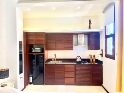 a kitchen with wooden cabinets and a sink at Boutique Hotel Casa Grande, Banana Chica, Estudio superior con cocina in Santo Domingo