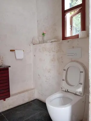 a white bathroom with a toilet and a window at Boutique Hotel Casa Grande, Divas Suite in Santo Domingo