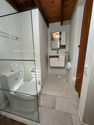 a bathroom with a toilet and a glass shower at Two levels Las Terrenas near to beaches in Las Terrenas