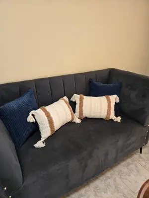 two pillows are sitting on a black couch at Casa Madome in Pedernales
