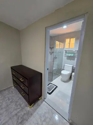 a bathroom with a shower and a toilet and a dresser at Casa Madome in Pedernales