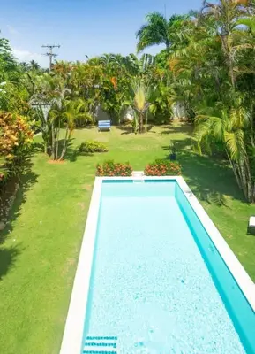 an empty swimming pool in a yard with palm trees at Canela House 3BR Near to the beach in Las Terrenas