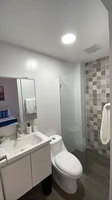 a bathroom with a toilet and a sink and a shower at Hotel Boutique Brisas Colonial in Santo Domingo