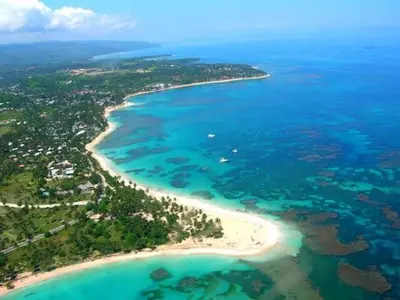 an aerial view of a beach and the ocean at Apartment w private terrace and Jacuzzi in Las Terrenas