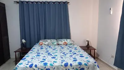 a bedroom with a bed with a blue curtain at Apartamento de 2 habitaciones in Colorado