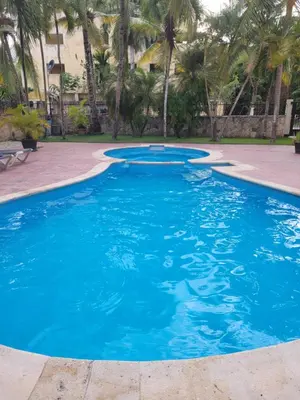 a blue swimming pool with palm trees in the background at Juan Dolio Near Beach, Pool Cozy Stay in Villas del Mar