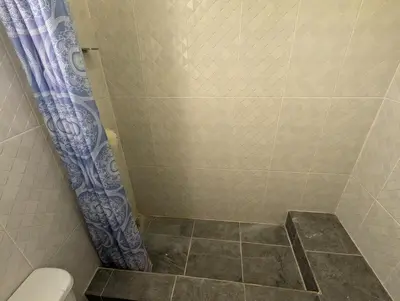 a shower with a toilet and a blue shower curtain at Buenos Aires Apartments in Río San Juan