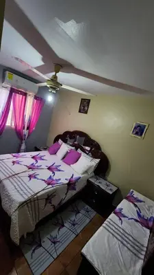 two beds in a bedroom with purple butterflies on the sheets at Airbnbbuenhogar in Concepción de La Vega