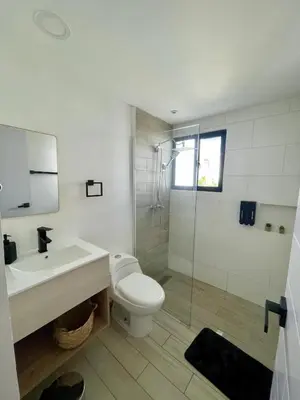 a bathroom with a toilet and a sink and a shower at Casa Lulu in Punta Cana