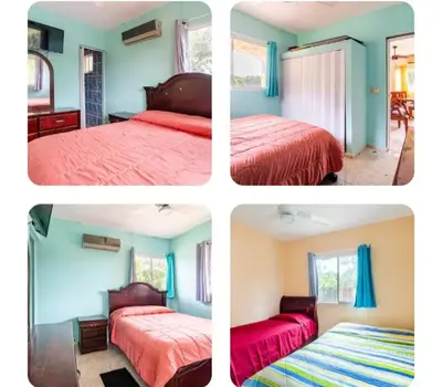 four different pictures of a bedroom with two beds at paradise ranch san cristobal in San Cristóbal