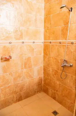 a shower with a shower head in a bathroom at Boom Ranch in Las Galeras