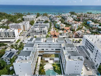 an aerial view of a city with buildings and the ocean at Corner Penthouse with Ocean and City Views with a Content Creator Hub in Punta Cana