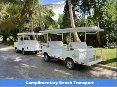 two white golf carts parked on the side of a road at Peaceful 2 Bed Apartment - Pool & Private Beach Access in Punta Cana