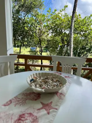 a bowl of seashells on a table on a porch at Beautiful apartment in Playa Dorada in San Felipe de Puerto Plata