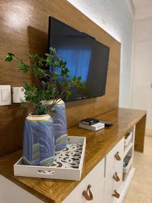 a tv and two vases with plants on a counter at Juan Dolio House 2BR y Patio in Los Corrales