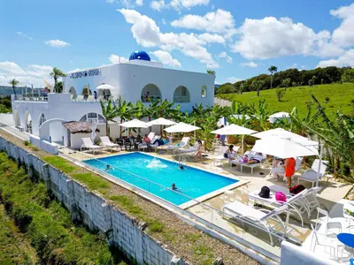 an aerial view of a resort with a swimming pool at Grecialandia in San Felipe de Puerto Plata