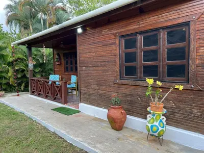 a small house with a vase with flowers in it at La Casita Primavera-Cozy and Rustic in Piedra Blanca