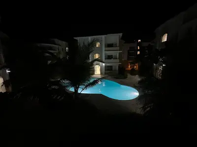 a swimming pool at night with a palm tree at The best place to rest, Arenas del Caribe in Punta Cana