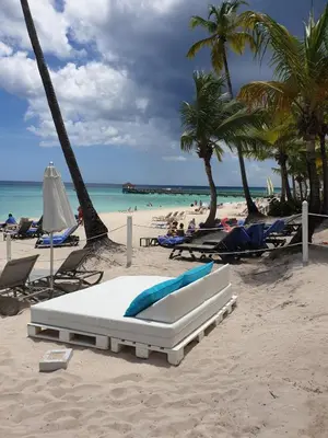 a white bed on a beach with palm trees and the ocean at Casa Madi in Bayahibe