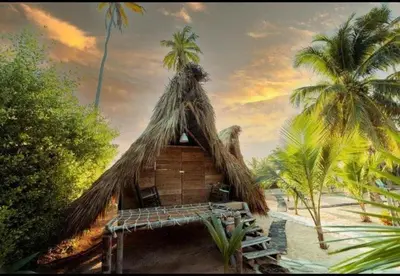 a house with a straw roof with palm trees at Punta Cana Ecolodge In front of the beach Lavacama Costa Arrecife by BTC Crypto Group in El Eslabón