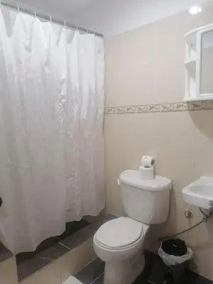 a bathroom with a toilet and a white shower curtain at Tu espacio en zona colonial in Santo Domingo