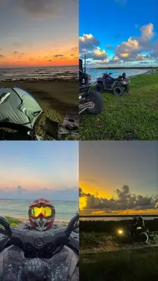 a series of four pictures of the sunset and a motorcycle at ATV Camping in Punta Cana in Punta Cana