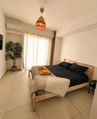 a bedroom with a bed and a potted plant at Comfortable Central Apartment in Santo Domingo