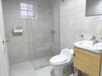 a bathroom with a shower and a toilet and a sink at Cana Esmeralda in Punta Cana