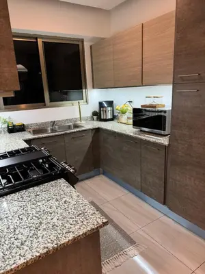 a kitchen with wooden cabinets and a counter top at Andrea Victoria in Santo Domingo