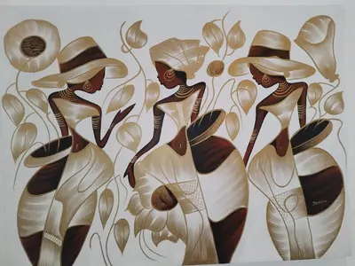 a painting of three woman in hats and dresses at Comfort one step away from the beach in Las Terrenas