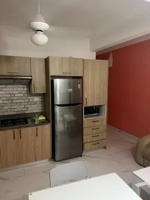 a kitchen with a stainless steel refrigerator and wooden cabinets at Cozy apartment in Boca Chica in Boca Chica