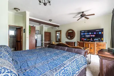 a bedroom with a bed with a blue comforter at Garden Studio, Ocean Dream in Cabarete