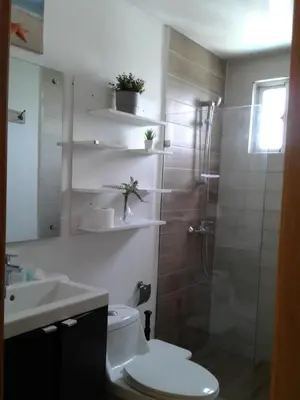 a bathroom with a toilet and a shower and a sink at Apartamento en Boca Chica T1 610 in Boca Chica